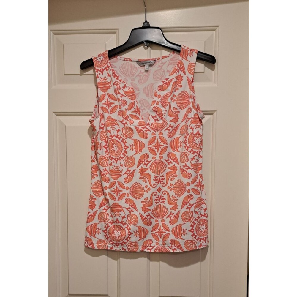 Sunsets & Sweet Tea Pink White Shelf Coral Reef Print Sleeveless Top Sz Small